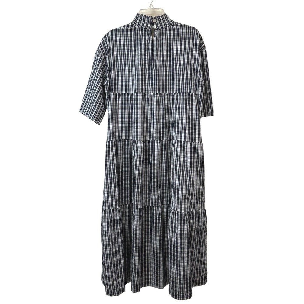 Everlane Navy White Plaid Tiered Mock Neck Dress Cotton Pockets Small S - Picture 2 of 10
